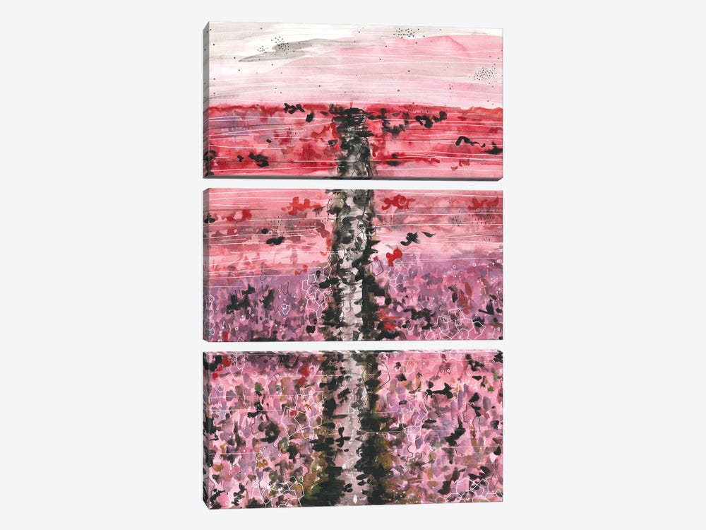 Pink Flower Field, Watercolor Landscape by Ana Ozz 3-piece Canvas Artwork