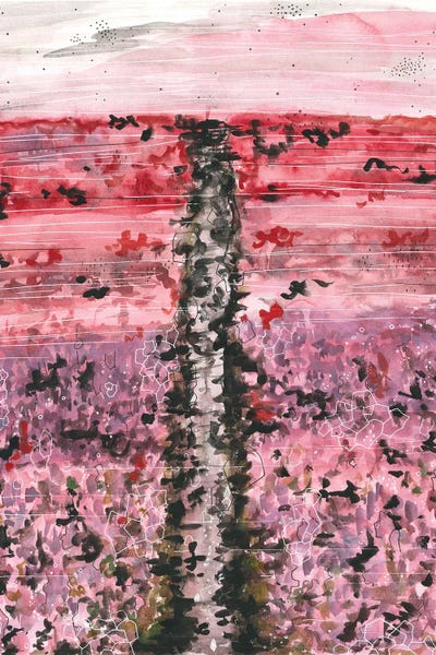 Ana Ozz: Pink Flower Field, Watercolor Landscape by Ana Ozz
