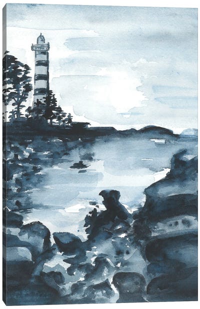 Blue Watercolor Lighthouse Canvas Art Print - Subtle Landscapes