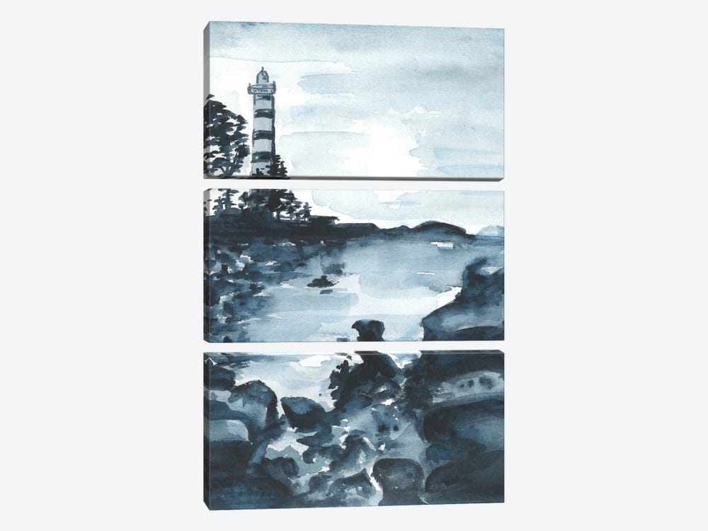 Blue Watercolor Lighthouse by Ana Ozz 3-piece Canvas Art