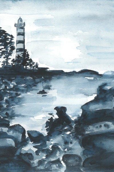 Ana Ozz: Blue Watercolor Lighthouse by Ana Ozz