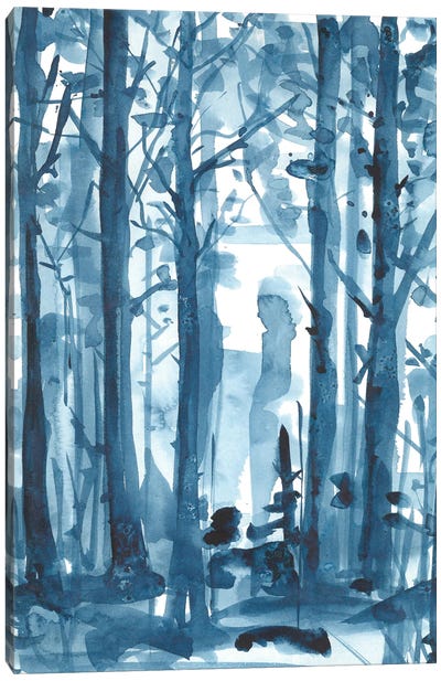 Blue Foggy Forest Watercolor Canvas Art Print - Ana Ozz