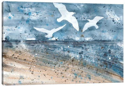 Seagulls At The Ocean Coast Watercolor Canvas Art Print - Gull & Seagull Art