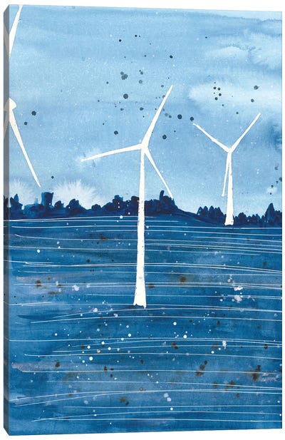 Wind Power Blue Landscape Canvas Art Print - Watermill & Windmill Art