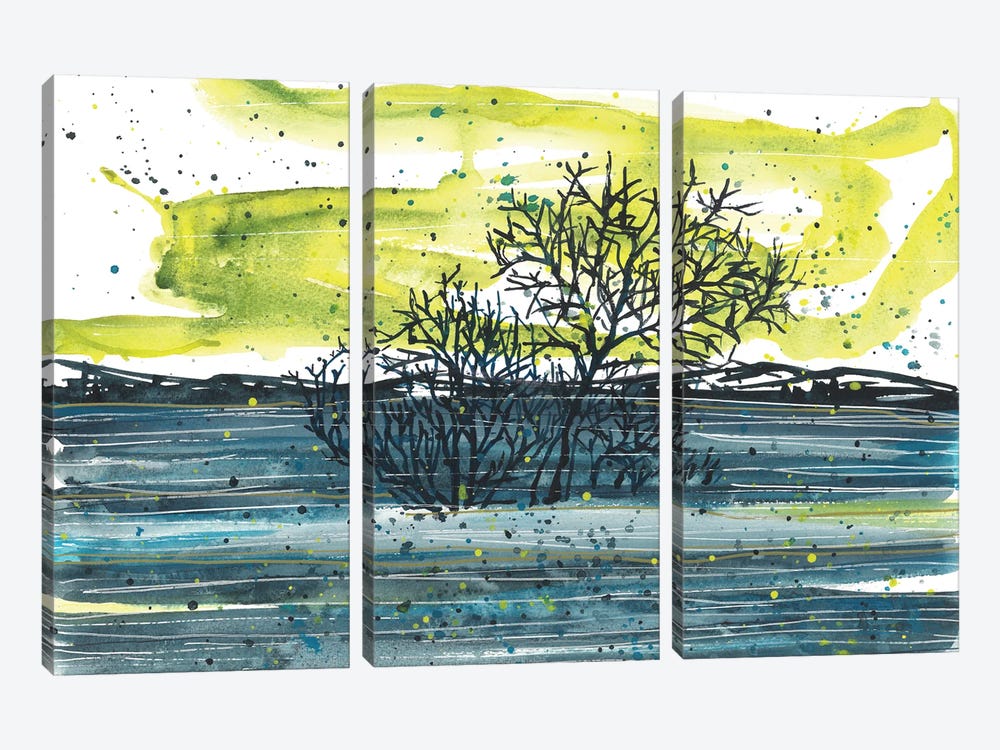 Blue Sunny Watercolor Landscape, Trees by Ana Ozz 3-piece Canvas Art Print