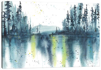 Watercolor Blue Landscape, Reflection In Lake Canvas Art Print - Ana Ozz