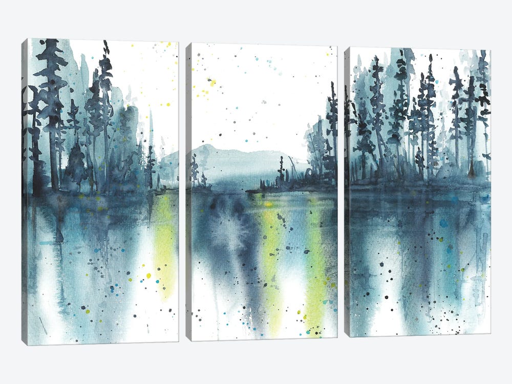 Watercolor Blue Landscape, Reflection In Lake by Ana Ozz 3-piece Canvas Print