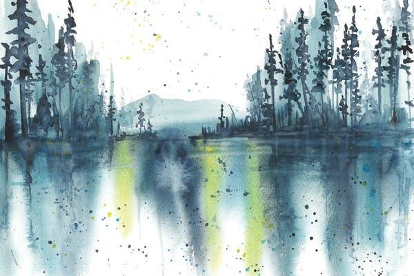 Ana Ozz: Watercolor Blue Landscape, Reflection In Lake by Ana Ozz