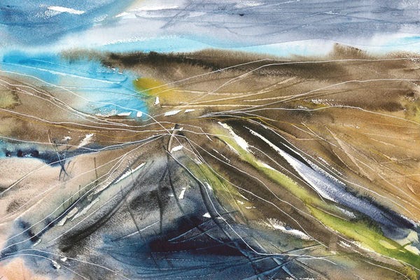 Ana Ozz: Blue And Brown Abstract Landscape, Watercolor by Ana Ozz