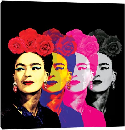 Fridas On Black Canvas Art Print - Floral Portrait Art