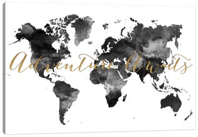 World Map Adventure Awaits in Black & White Canvas Art Print - Maps & Geography
