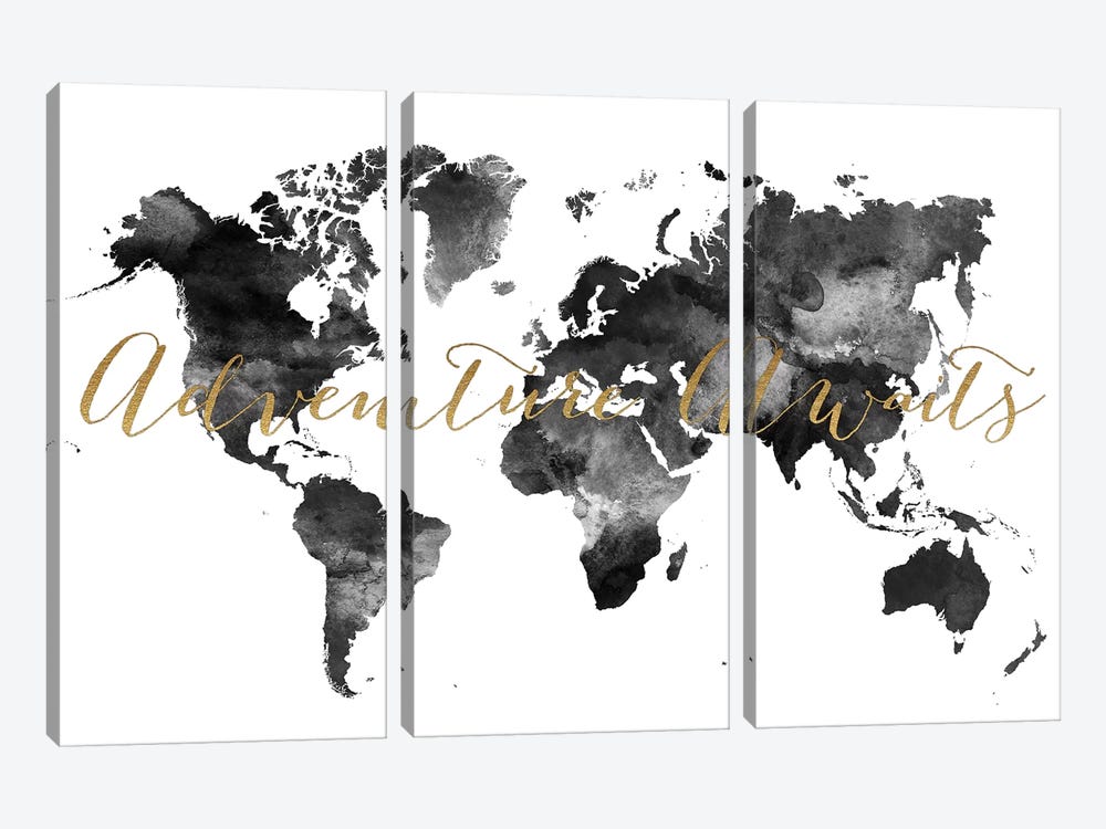 World Map Adventure Awaits in Black & White by ArtPrintsVicky 3-piece Canvas Artwork