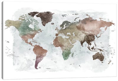 World Map Detailed I Canvas Art Print - 3-Piece Map Art