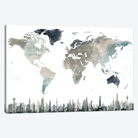 World Map Cities II Canvas Print #APV132} by ArtPrintsVicky Canvas Art Print