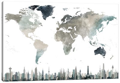 World Map Cities II Canvas Art Print - 3-Piece Map Art