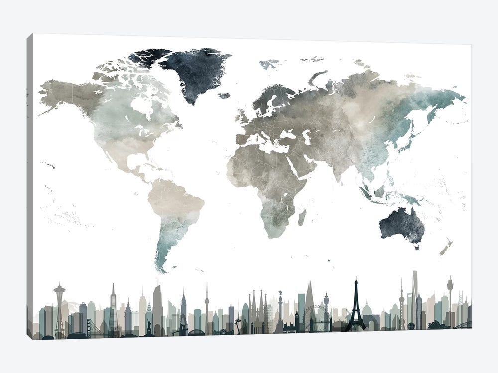 World Map Cities II by ArtPrintsVicky 1-piece Canvas Art