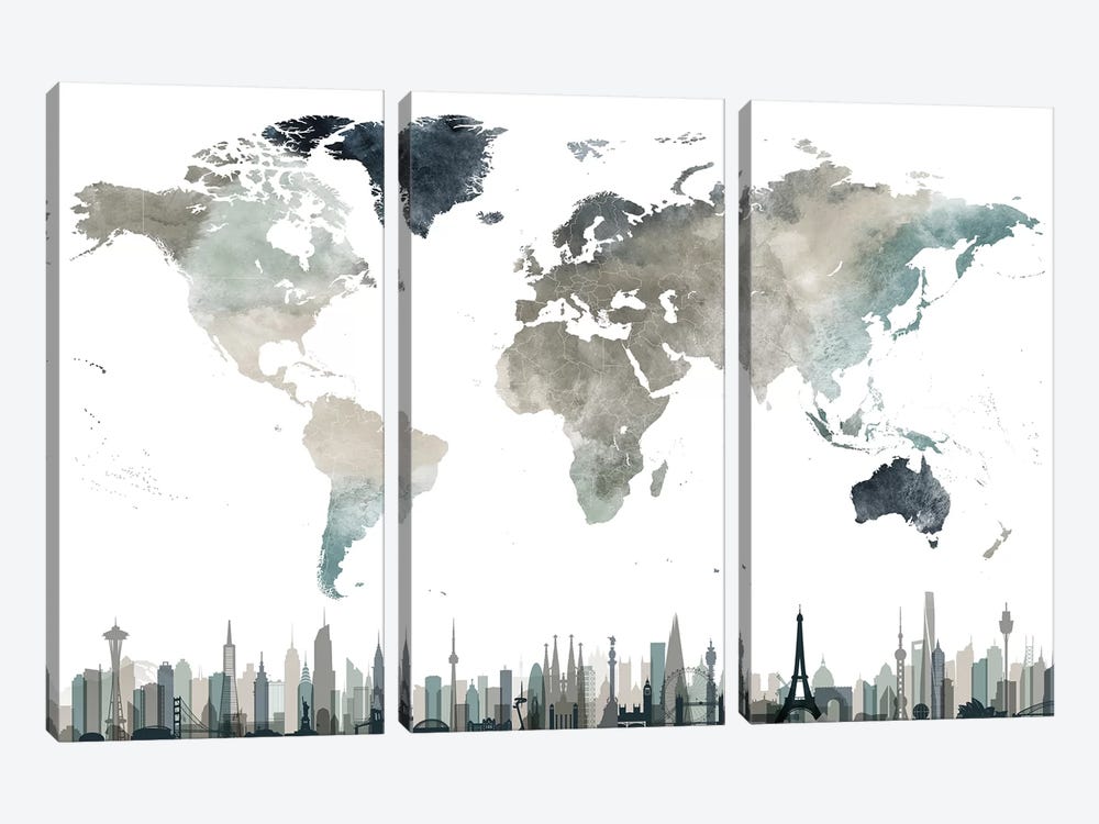 World Map Cities II by ArtPrintsVicky 3-piece Canvas Wall Art