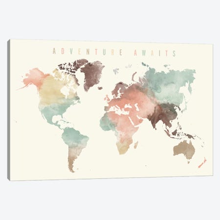 World Map Adventure Awaits V Canvas Print #APV138} by ArtPrintsVicky Canvas Print
