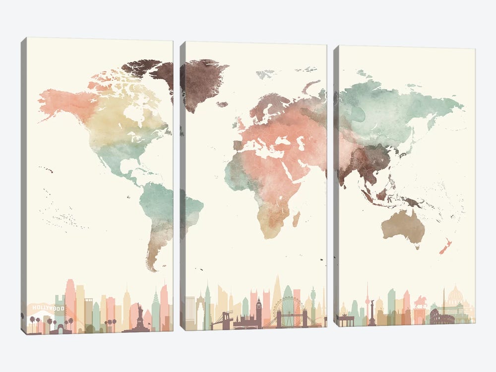 World Map Cities I by ArtPrintsVicky 3-piece Art Print