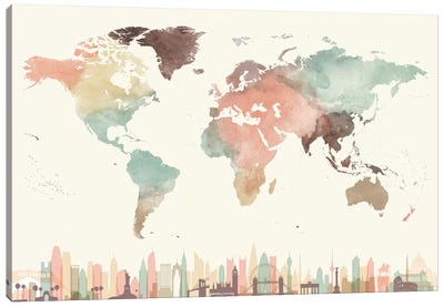 World Map Cities I Canvas Art Print - 3-Piece Map Art