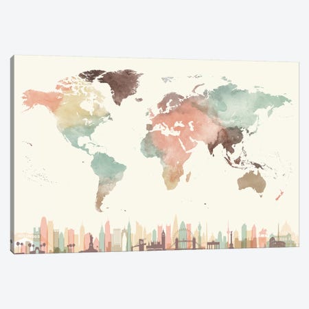 World Map Cities I Canvas Print #APV139} by ArtPrintsVicky Art Print