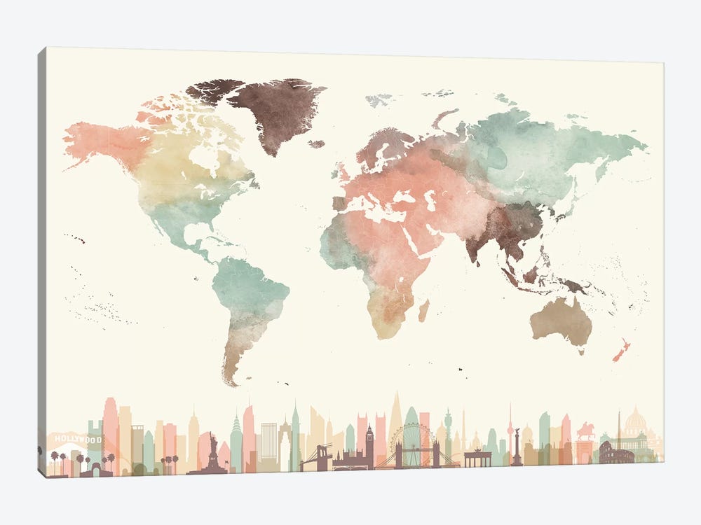 World Map Cities I by ArtPrintsVicky 1-piece Art Print