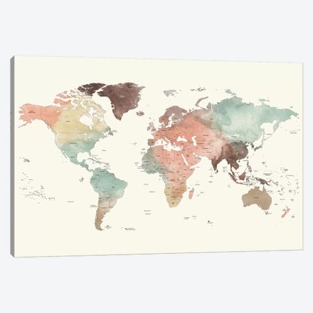 World Map Detailed II Canvas Print #APV140} by ArtPrintsVicky Canvas Artwork