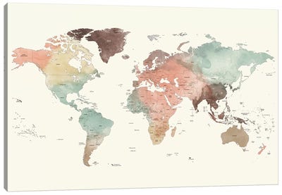 World Map Detailed II Canvas Art Print - Best Selling Map Art
