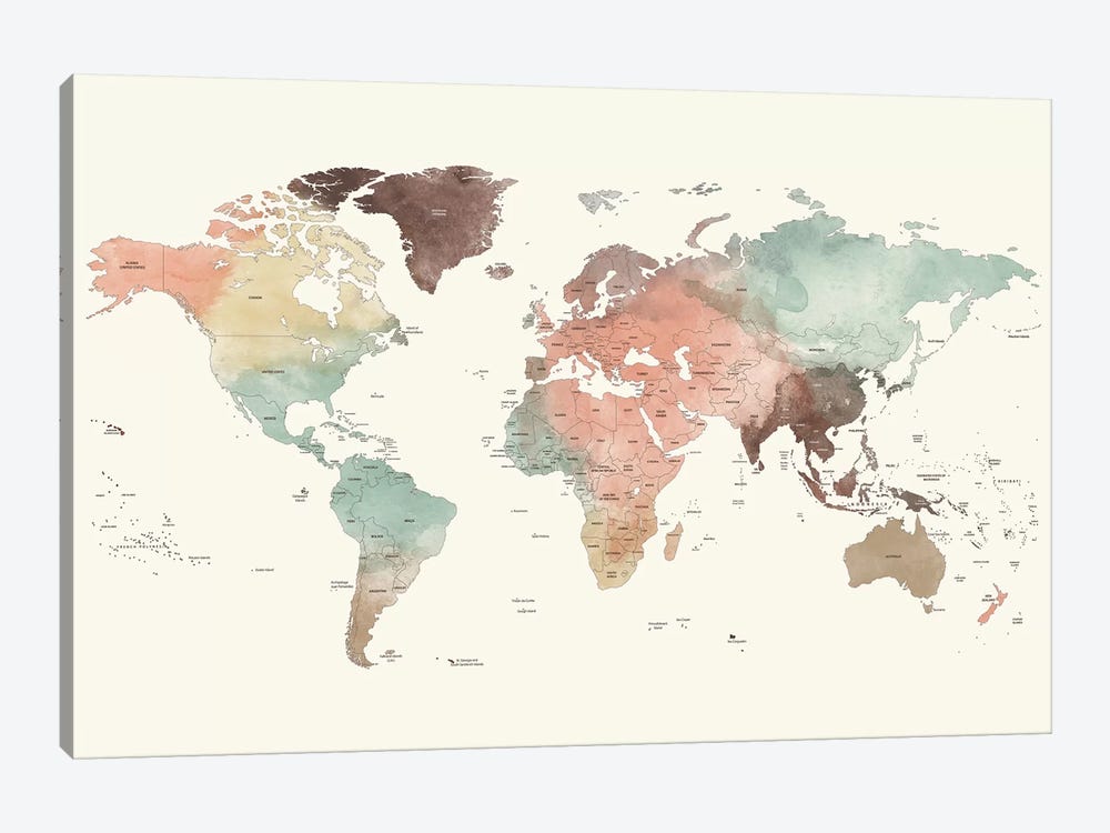 World Map Detailed II by ArtPrintsVicky 1-piece Canvas Art Print