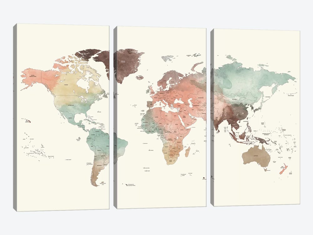 World Map Detailed II by ArtPrintsVicky 3-piece Art Print