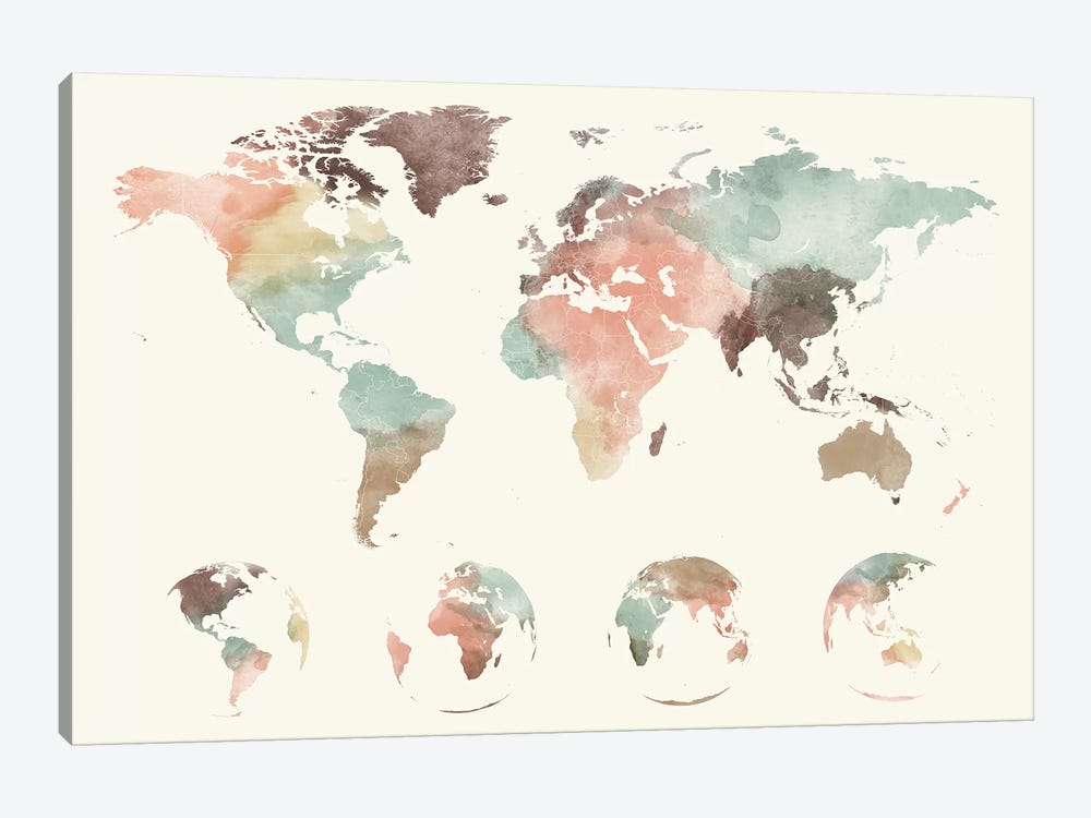 World Map Globes by ArtPrintsVicky 1-piece Canvas Wall Art