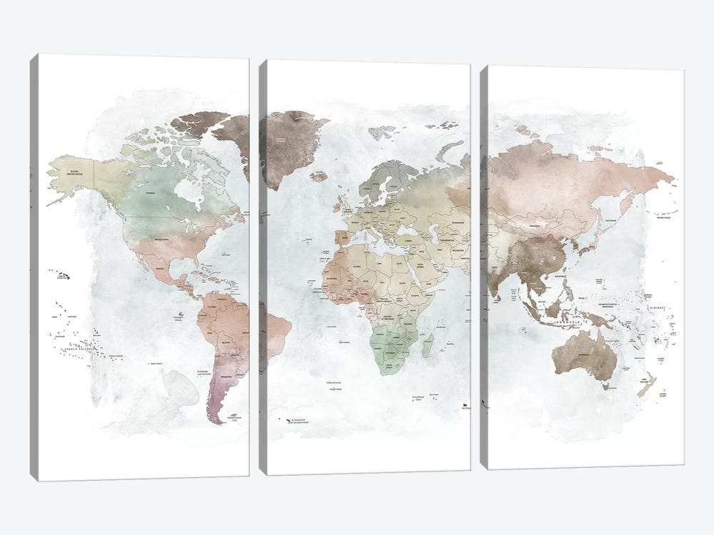 World Map Detailed III by ArtPrintsVicky 3-piece Canvas Art Print