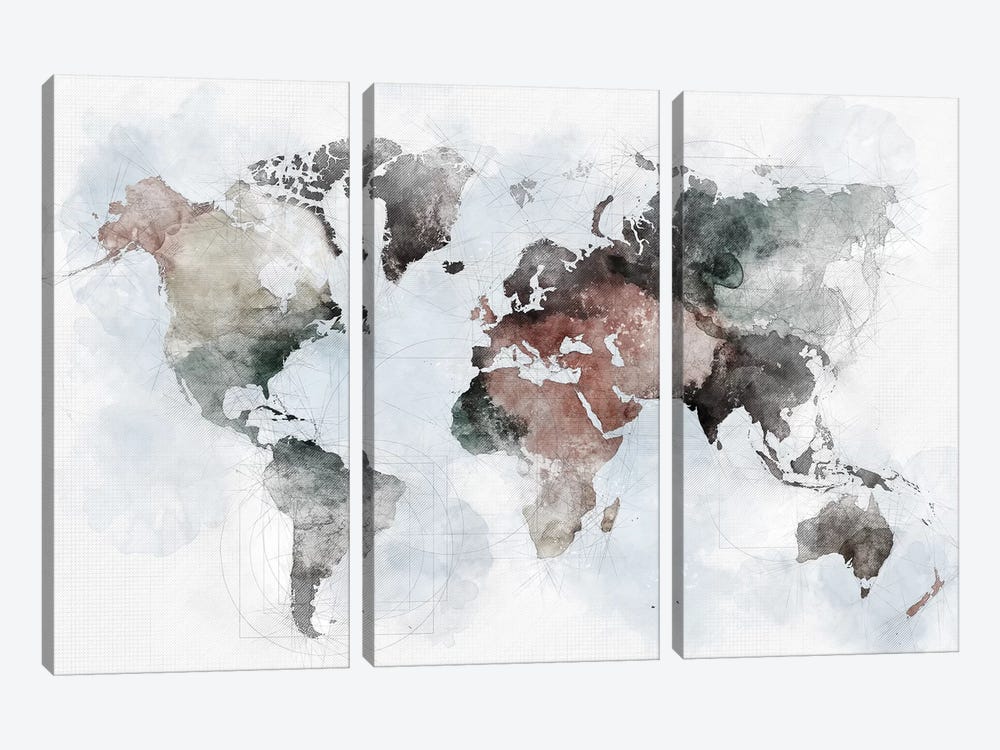 World Map Urban by ArtPrintsVicky 3-piece Canvas Art Print