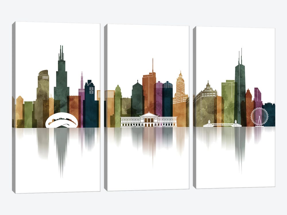 Chicago Skyline Watercolour by ArtPrintsVicky 3-piece Canvas Artwork