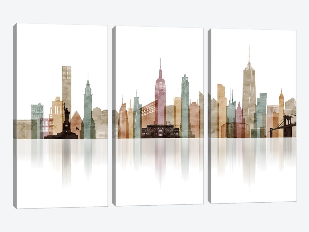 New York City Skyline Watercolour by ArtPrintsVicky 3-piece Canvas Print