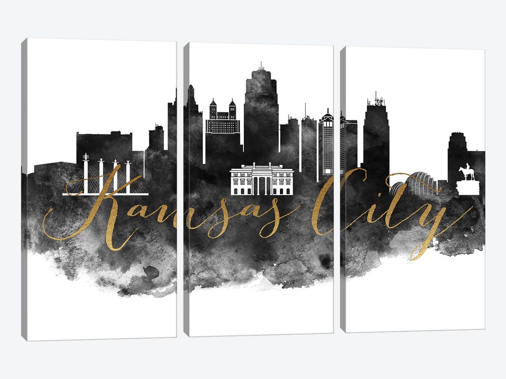 Kansas City in Black & White by ArtPrintsVicky 3-piece Canvas Print