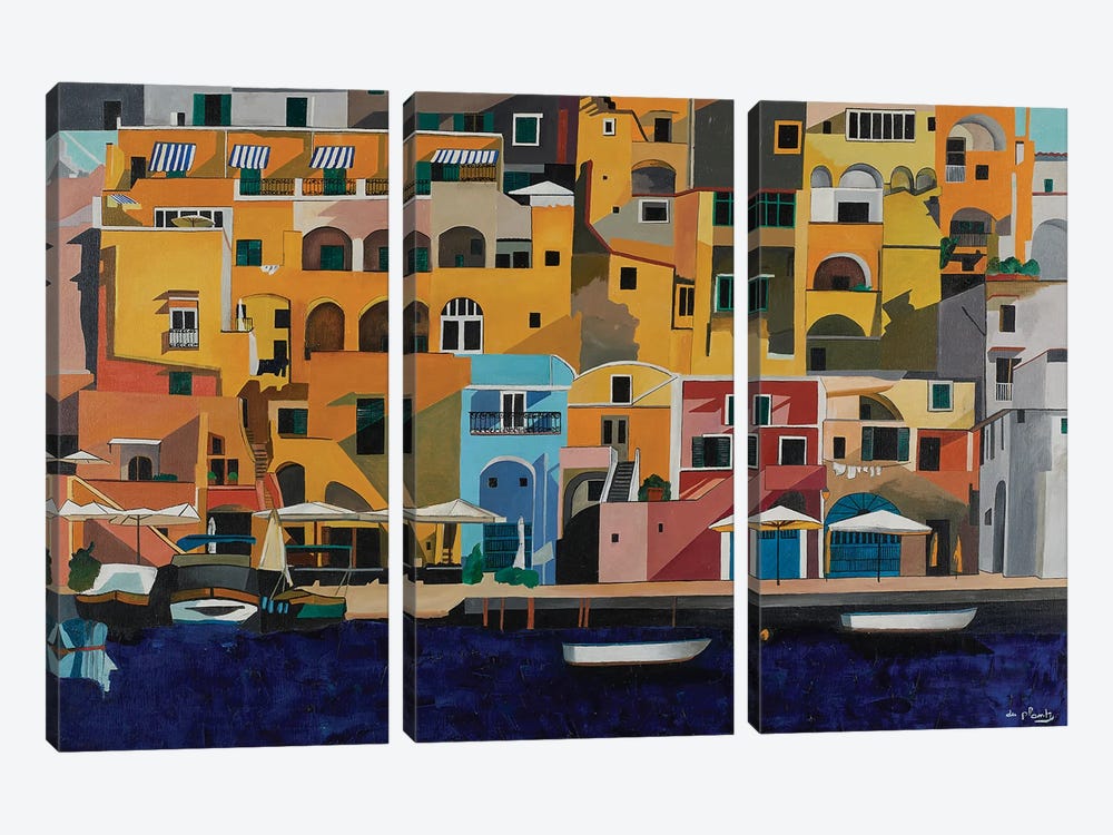 Procida And The Boats by Anne du Planty 3-piece Canvas Wall Art