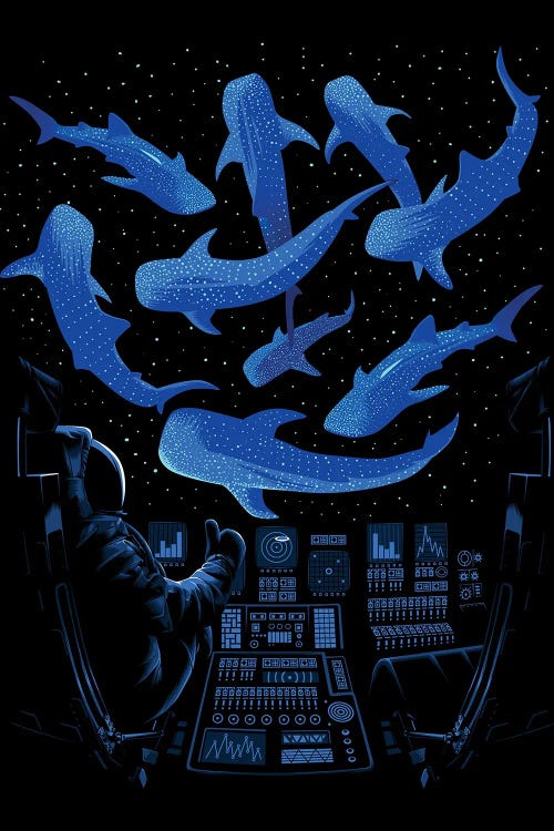 Shark Whales Astronaut by Alberto Perez wall art