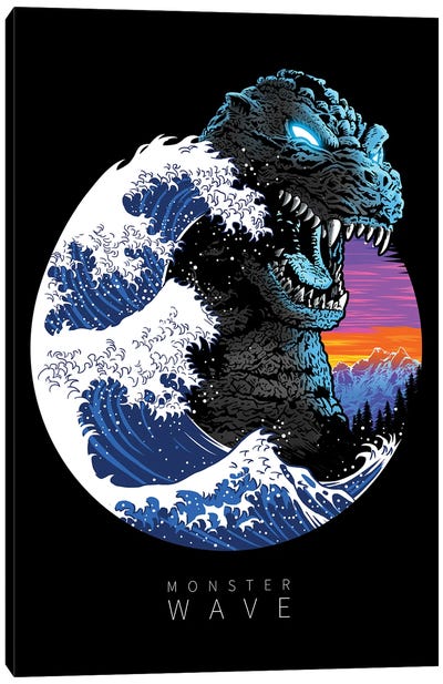 God Monster Wave Canvas Art Print - Godzilla