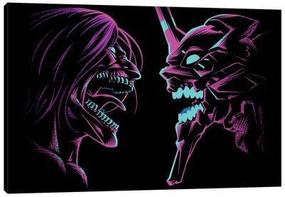 Retro Duel Of Titans Canvas Art Print - Eren Jaeger