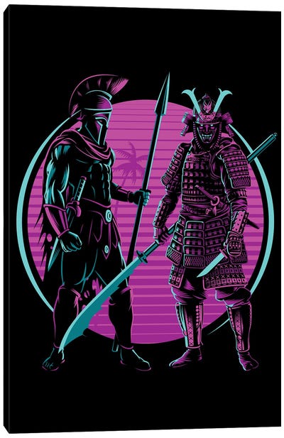 Retro Samurai And Spartan Canvas Art Print - Samurai Art