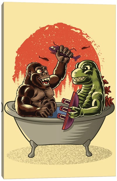 Battle In The Bathtub Canvas Art Print - Godzilla