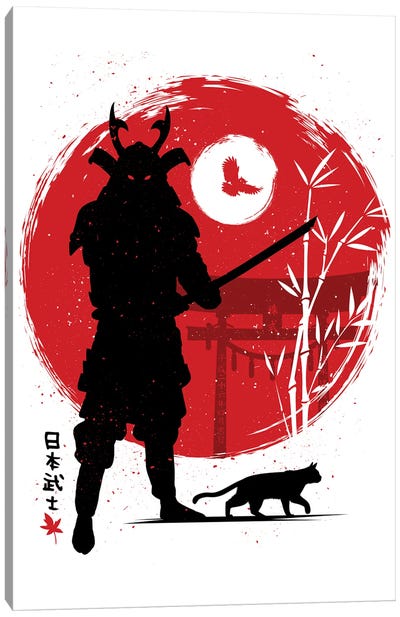 Samurai With His Cat Canvas Art Print - Warrior Art