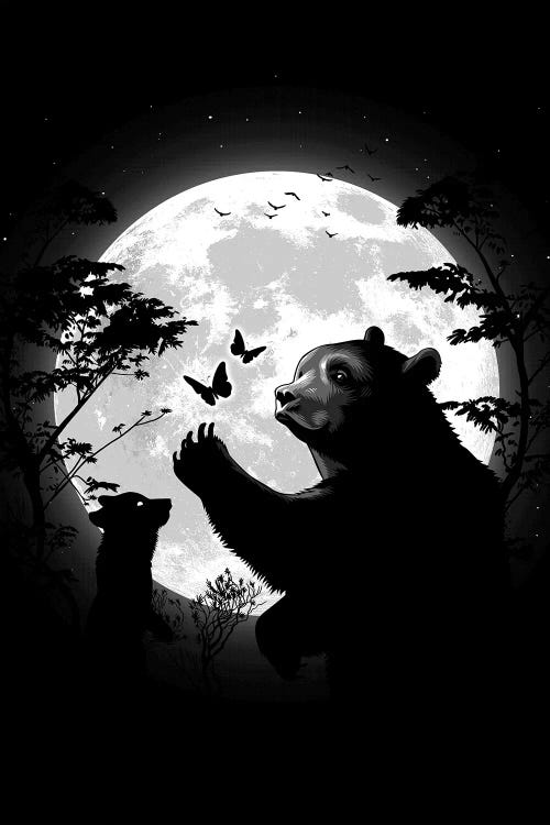 Mother Bear Playing With Butterflies With Her Cub Under The Moon