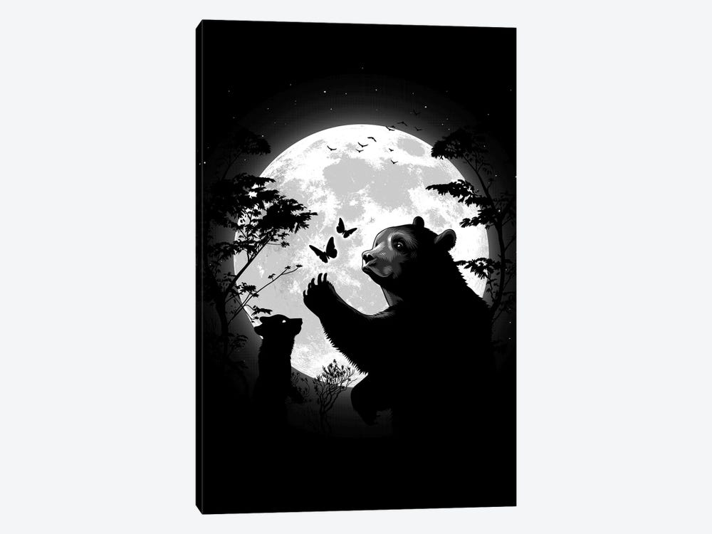 Mother Bear Playing With Butterflies With Her Cub Under The Moon by Alberto Perez 1-piece Canvas Art Print