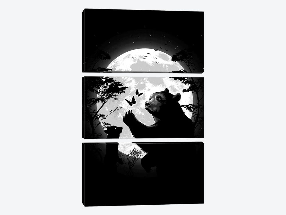 Mother Bear Playing With Butterflies With Her Cub Under The Moon by Alberto Perez 3-piece Canvas Art Print