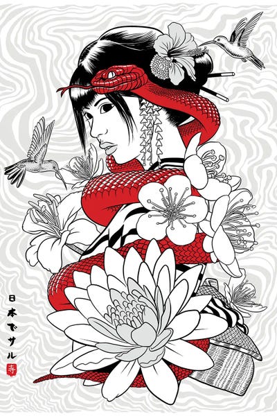 Snake And Colibri With Geisha by Alberto Perez art print