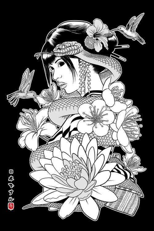 Snake And Flowers With Geisha