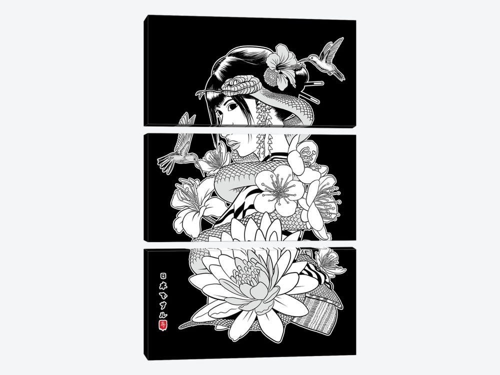 Snake And Flowers With Geisha by Alberto Perez 3-piece Art Print