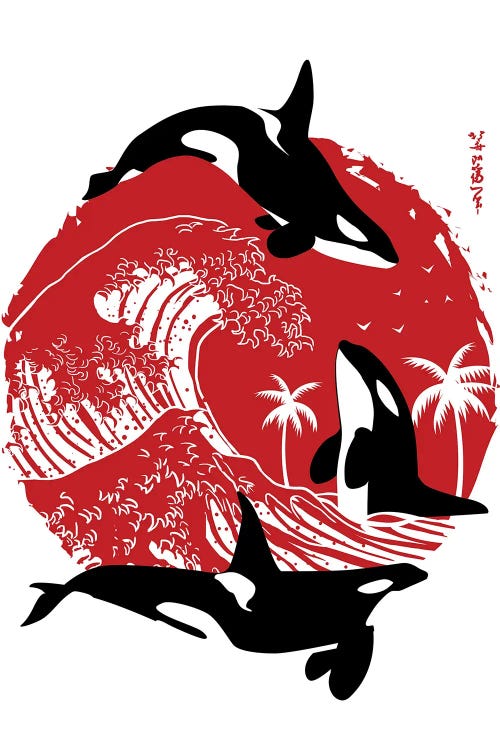 Orcas In The Great Wave by Alberto Perez wall art